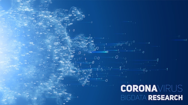Recherche Big Data sur la maladie des coronavirus. Illustration 3D du virus et nuage de données. Analyse virologique futuriste du SRAS. Concept d'exploration des agents pathogènes.