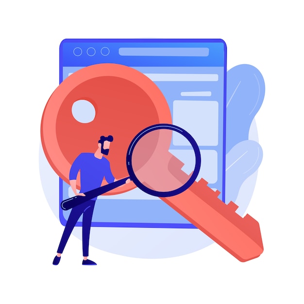 Recherche De Mots-clés. Seo, élément De Design Plat Isolé De Marketing De Contenu. Solution D'entreprise, Stratégie, Planification. Homme Tenant Une Loupe Et Illustration De Concept Clé