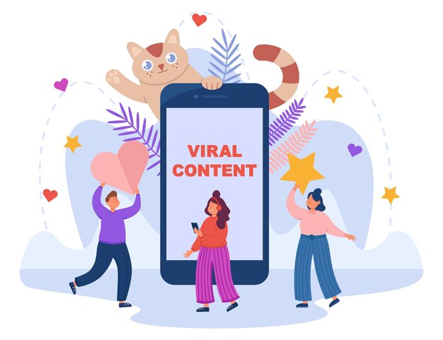 Recherchez par personnes du contenu viral sur les réseaux sociaux. De minuscules personnes tenant un cœur pour aimer et noter une étoile, debout près d'un smartphone et d'une illustration vectorielle plate de chat drôle. Concept de marketing numérique