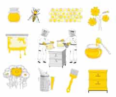 Vecteur gratuit recoloration à plat de l'apiculture sertie d'icônes isolées de cellules de ruches d'abeilles et de miel emballés dans des boîtes illustration vectorielle