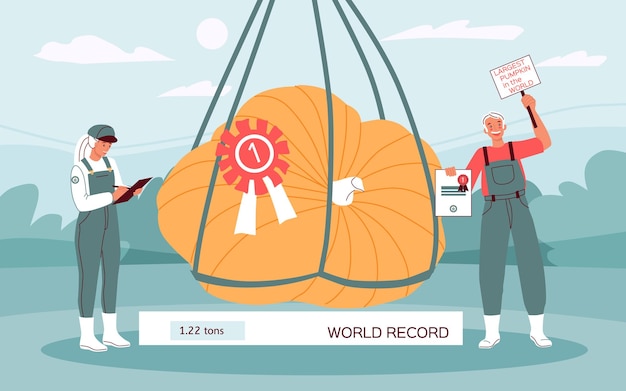 Vecteur gratuit records du monde composition plate avec des personnages humains doodle tenant un ballon à air avec poids et illustration vectorielle d'enregistrement expérimental