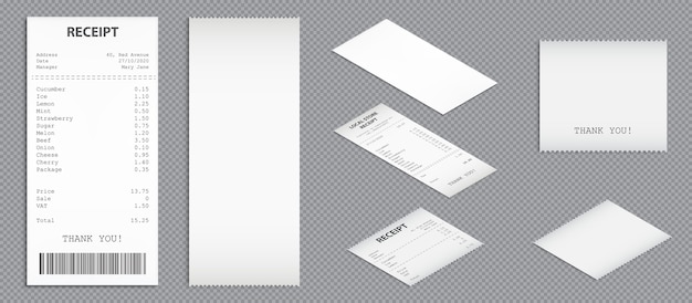 Vecteur gratuit reçus de magasin, chèques papier avec dessus de code-barres et vue en perspective. ensemble réaliste de vecteur de factures d'achat, factures vierges et imprimées. chèques d'achat isolés