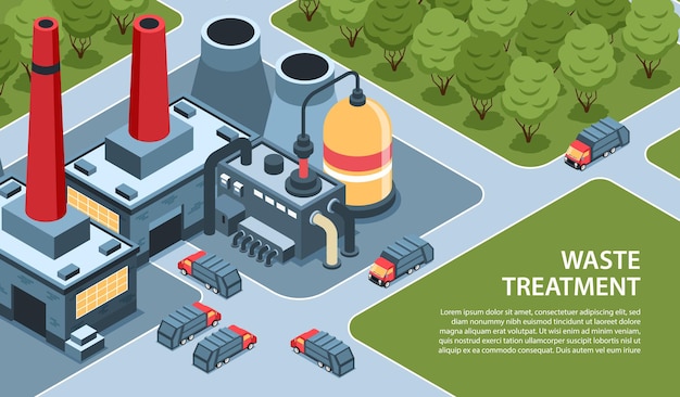 Vecteur gratuit recyclage des déchets d'ordures isométrique horizontal avec usine de combustion de déchets de paysage extérieur et texte modifiable