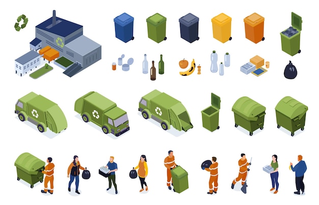 Vecteur gratuit recyclage isométrique sertie de bacs isolés séparés camions à benne à ordures personnages humains et illustration vectorielle de l'usine de traitement des déchets