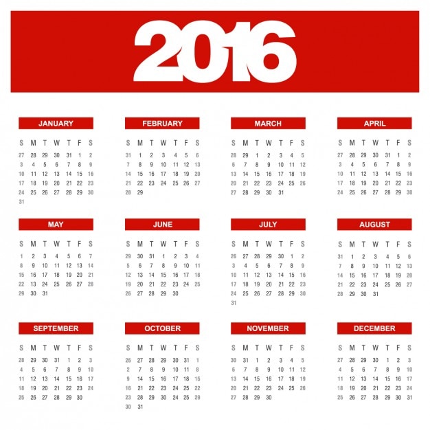 Vecteur gratuit red calendrier annuel 2016