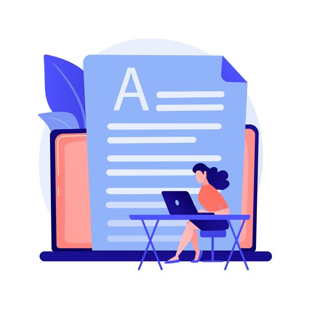 Rédaction. Publication sur les réseaux sociaux, marketing de contenu, publicité sur Internet. Personnage de dessin animé écrit du texte pour la publicité. Illustration de concept de stratégie promotionnelle