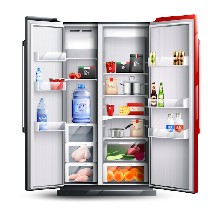 Vecteur gratuit réfrigérateur ouvert rouge et noir avec des produits