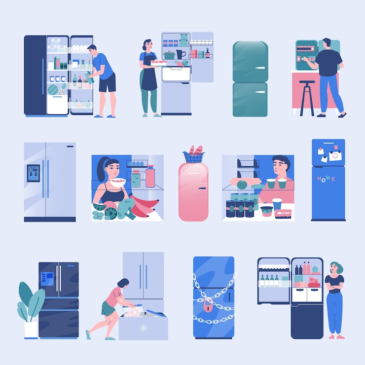 Vecteur gratuit réfrigérateur et personnes couleur ensemble de personnages humains utilisant un réfrigérateur à la maison pour stocker des aliments isolés illustration vectorielle