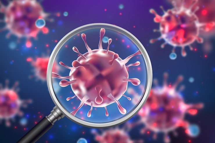 Vecteur gratuit regard réaliste de cellule de coronavirus à travers un fond de loupe
