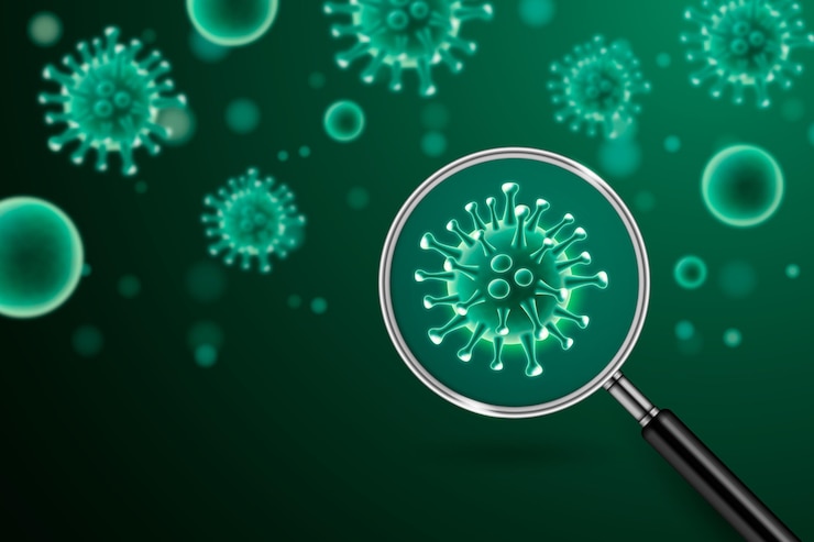 Vecteur gratuit regard réaliste de cellule de coronavirus à travers une loupe