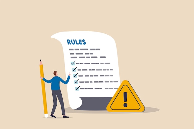 Règles et règlements, politique et lignes directrices à suivre par les employés, termes juridiques, conformité ou lois de l'entreprise, concept de procédure standard, l'homme d'affaires termine la rédaction du document sur les règles et règlements.