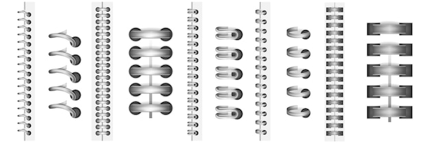 Vecteur gratuit reliures métalliques réalistes serties de rangées verticales de séparateurs de page en métal argenté sur illustration vectorielle fond blanc