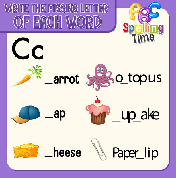 Remplissez la lettre manquante de chaque feuille de travail de mot pour les enfants