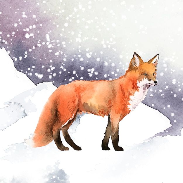 Renard dessiné à la main dans le style aquarelle de neige