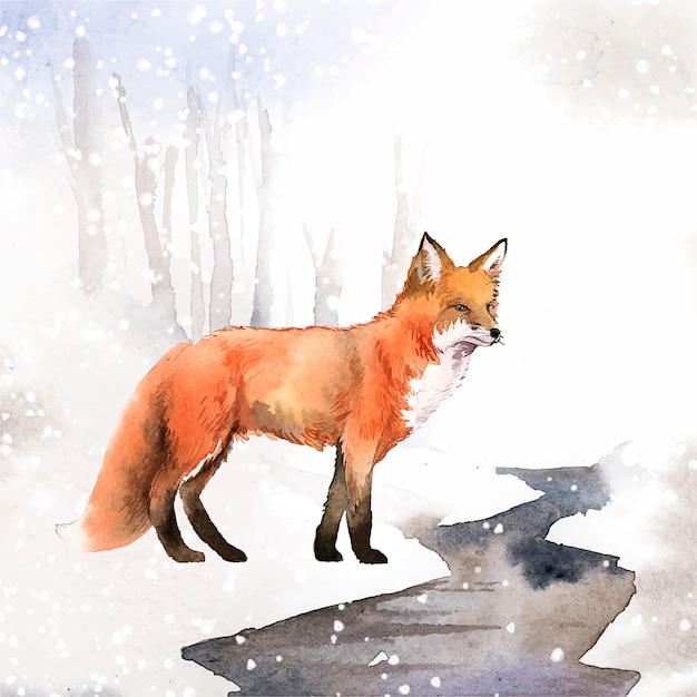 Renard dessiné à la main dans le style aquarelle de neige