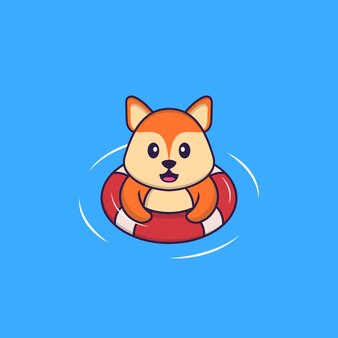 Le renard mignon nage avec un concept de dessin animé animal de bouée isolé