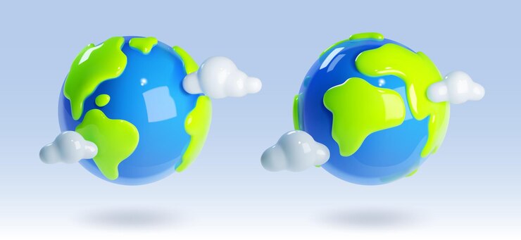 Vecteur gratuit rendu 3d terre planète objet monde vecteur icône vert recyclage environnement sphère pour l'école symbole de globe en plastique minimal réaliste avec ensemble de cliparts nuage illustration graphique de science ou de voyage