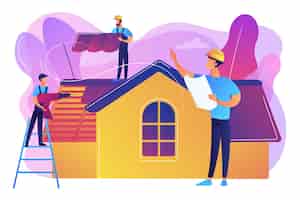 Vecteur gratuit réparation de bâtiments. rénovation de la maison et reconstruction du toit. services de toiture, support de réparation de toiture, concept d'entrepreneurs de toiture de pointe.