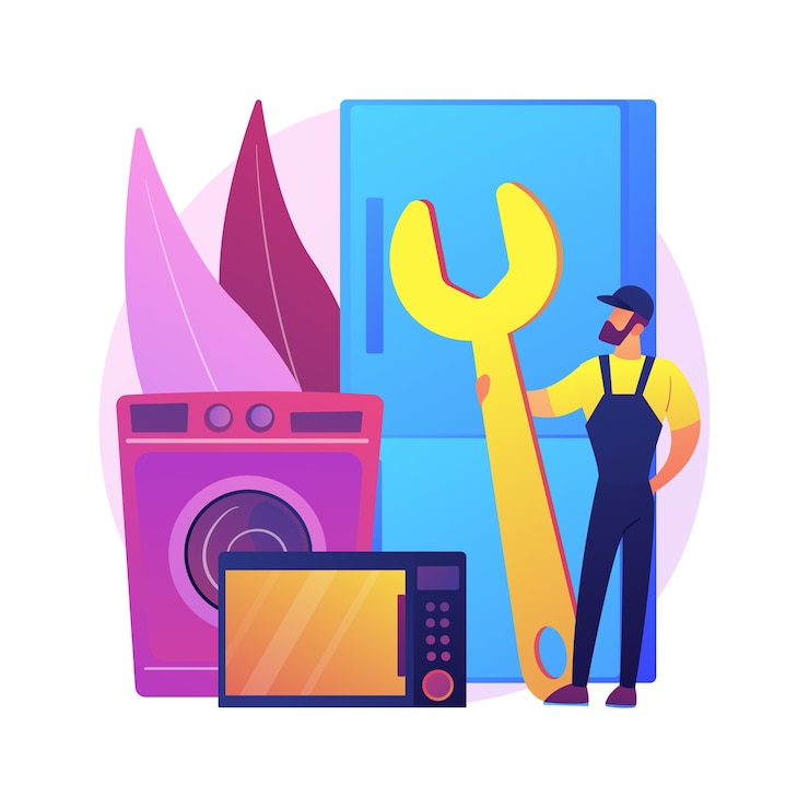 Vecteur gratuit réparation d'illustration de concept abstrait d'appareils électroménagers. services de garantie, entretien du maître de maison, conseils et directives, outils de réparation, vidéo explicative.
