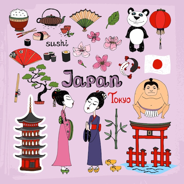 Vecteur gratuit repères du japon et jeu d'icônes culturelles