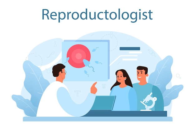 Reproductologue et santé reproductive Recherche sur le matériel biologique de l'anatomie humaine Surveillance de la grossesse et diagnostic médical Illustration isolée en style cartoon