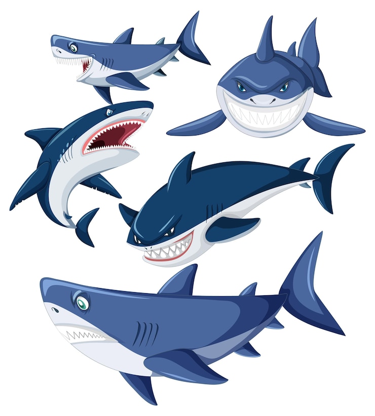 Vecteur gratuit requin faisant différentes activités personnages de dessins animés