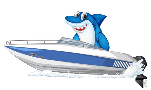 Requin sur le personnage de dessin animé de bateau rapide sur fond blanc