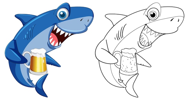 Requin Et Son Contour De Doodle Buvant De La Bière