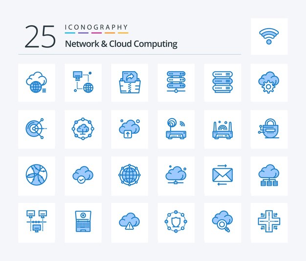 Réseau et Cloud Computing 25 pack d'icônes de couleur bleue, y compris l'informatique de réseau de moniteur de stockage d'engrenages