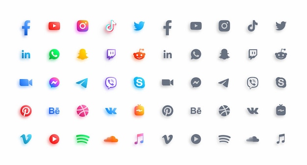 Réseau de médias sociaux populaire et messagers 3d moderne brillant et plat glyphe icons set isolé sur fond blanc