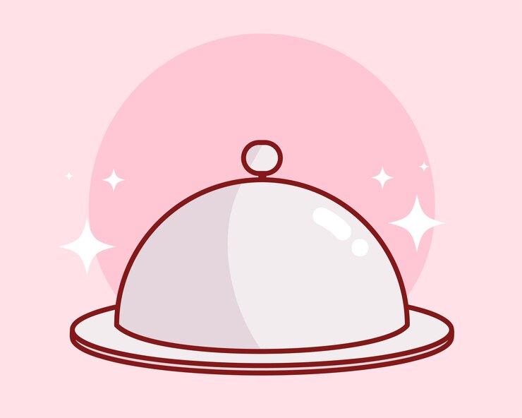 Vecteur gratuit restaurant cloche alimentaire plateau plateau assiette pour servir plat repas restaurant bannière logo dessin animé art illustration