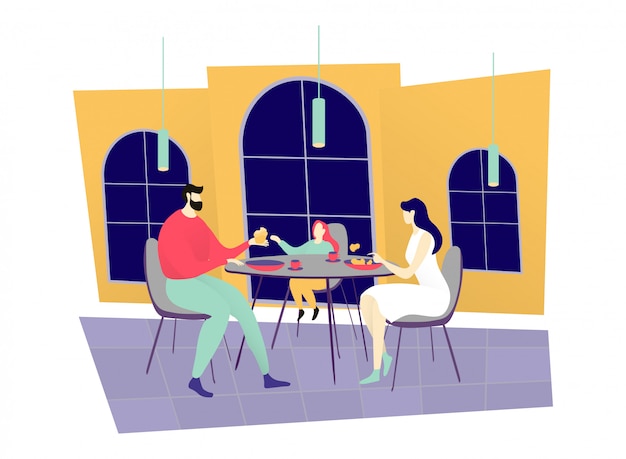 Restaurant de dîner de jeune famille, mère de caractère père et fille assise café confortable sur blanc, illustration.