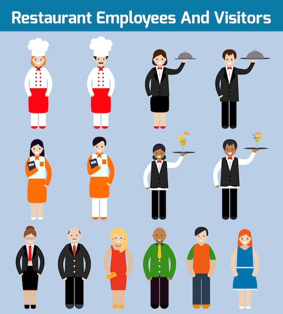 Vecteur gratuit restaurant employés et visiteurs avatars plats ensemble avec le serveur de chef serveur illustration vectorielle isolée