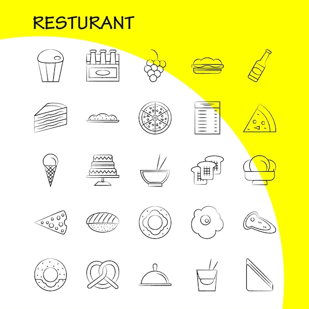 Restaurant Hand Drawn Icons Set For Infographics Mobile Uxui Kit And Print Design Inclure Carotte Nourriture Végétal Repas Bouteille Nourriture Repas Moutarde Eps 10 Image Vectorielle