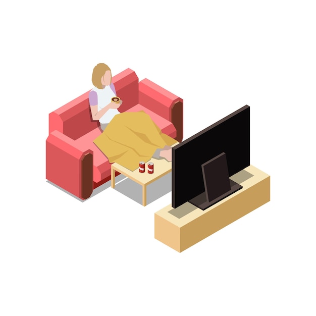 Restez à la maison composition isométrique avec une femme assise sur un canapé en train de regarder l'illustration de la télévision
