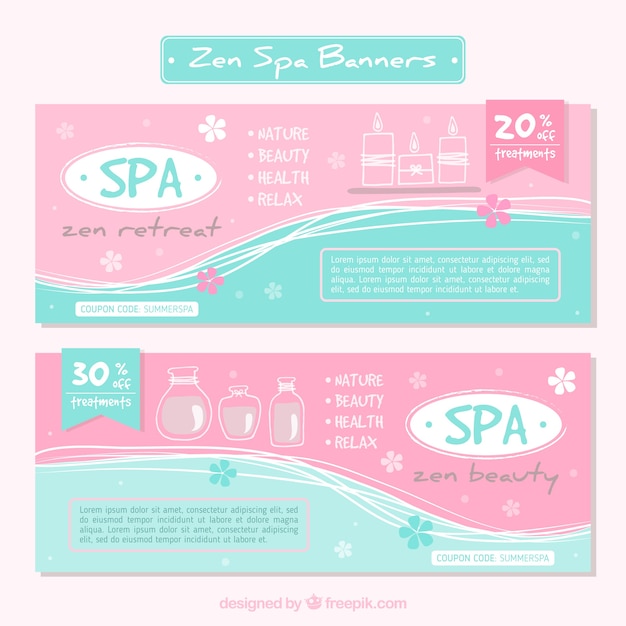 Vecteur gratuit résumé des bannières avec des accessoires de spa dessinés à la main