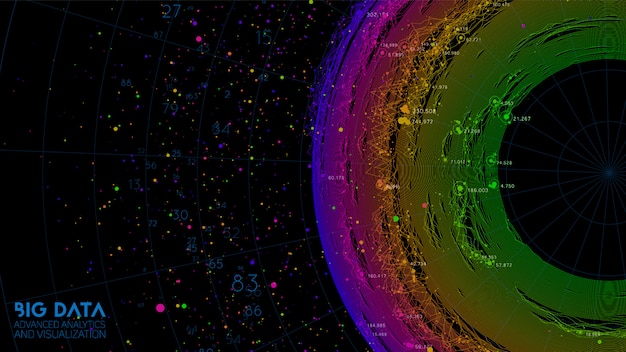 Vecteur gratuit résumé coloré de visualisation d'informations de big data. réseau social, analyse financière de bases de données complexes. clarification de la complexité de l'information visuelle. graphique de données complexe