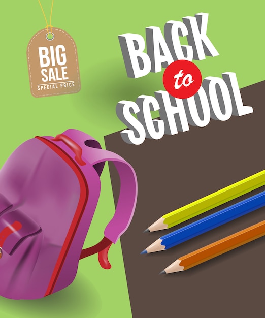 Retour à l&#39;affiche de vente d&#39;école avec sac à dos, crayons