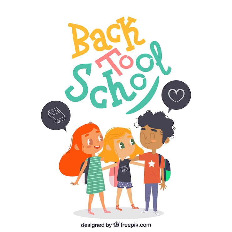 Vecteur gratuit retour à l&#39;arrière-plan de l&#39;école avec trois enfants