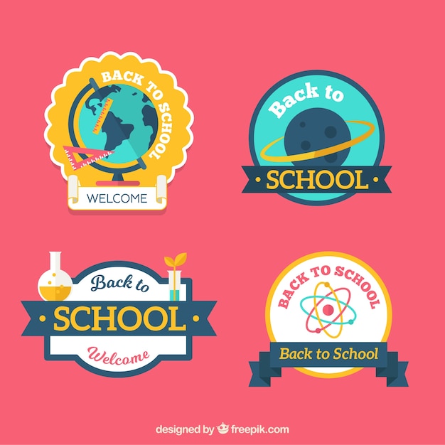 Vecteur gratuit retour à la collection de badges scolaires avec des éléments