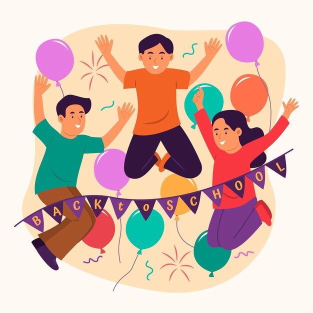 Retour plat à l'illustration de la fête de l'école avec des étudiants célébrant