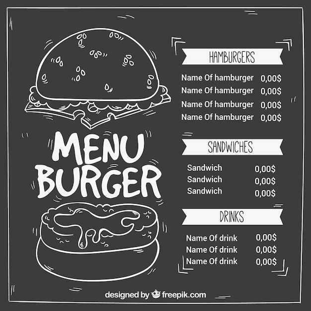 Vecteur gratuit rétro menu de hamburger sur un tableau noir