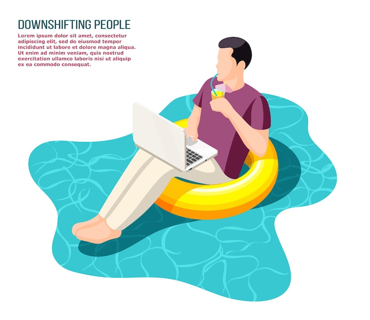 Vecteur gratuit rétrograder les employés de bureau qui s'échappent travaillant avec un ordinateur portable assis détendus sur une illustration isométrique d'anneau de bain flottant