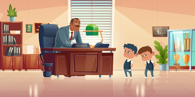 Réunion des enseignants avec les enfants au bureau des directeurs. illustration de dessin animé du directeur de l'école de l'homme gentil parler avec deux garçons coupables. Cabinet d'administration avec directeur et étudiants