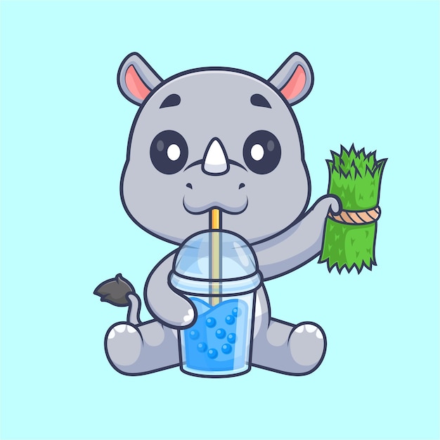 Vecteur gratuit rhinocéros mignons buvant du thé au lait de boba avec de l'herbe illustration d'icône vectorielle de dessins animés boisson animale isolée