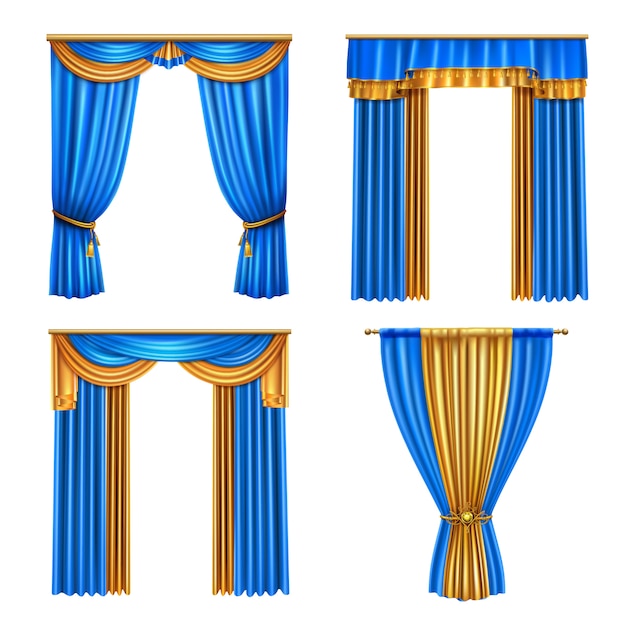 Vecteur gratuit rideaux de rideaux de luxe long bleu doré set 4 idées de décorations de fenêtre de salon réalistes illustration isolée