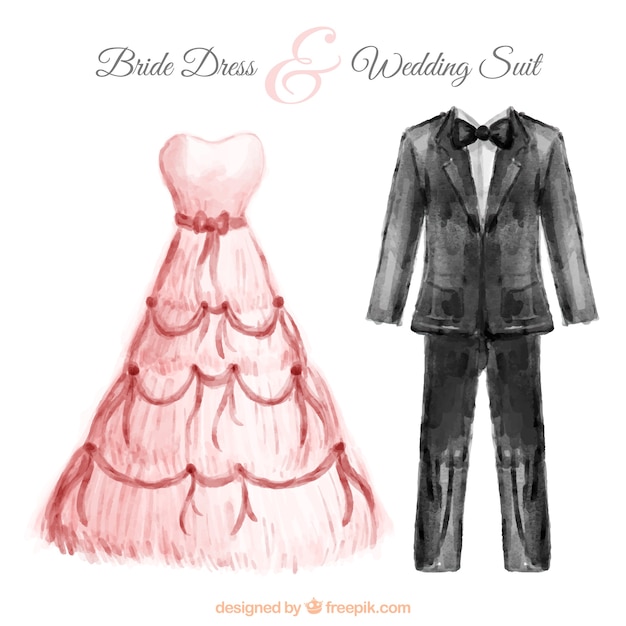 Vecteur gratuit robe de mariée peinte à la main coloré d'aquarelle et costume goom conception