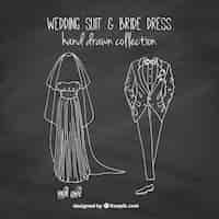 Vecteur gratuit robe de mariée sketches et costume de mariage en effet tableau noir
