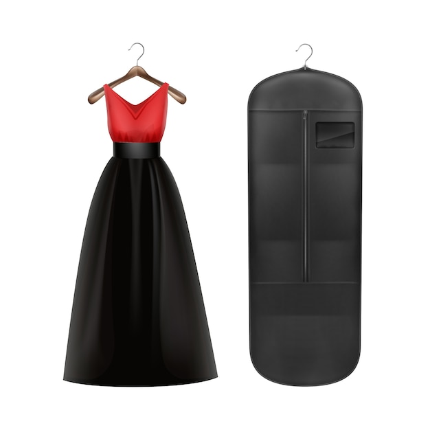 Robe Rouge De Vecteur Et Couvercle Anti-poussière De Stockage Noir Sur Vue De Face De Cintre Isolé Sur Fond Blanc