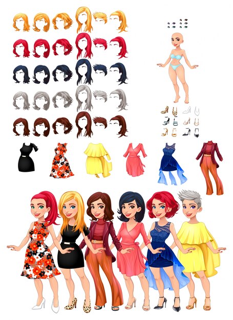 Robes et coiffures jeu Illustration vectorielle objets isolés 6 coiffures avec 5 couleurs chacune 6 robes différentes 5 couleurs yeux 6 chaussures